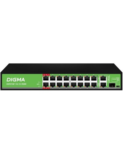 DSP216F-1G-1C-R300 (L2) 16х100Мбит/с 1х1Гбит/с 1хКомбо(1000BASE-T/SFP) 16PoE 16PoE+ 2PoE++ 300W. Коммутатор с питанием по PoE. Digma в Челябинске