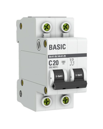Автоматический выключатель 2P 20А (C) 4,5кА ВА 47-29 Basic (mcb4729-2-20C). Автоматический выключатель. EKF в Челябинске