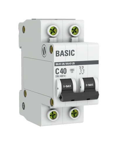 Автоматический выключатель 2P 40А (C) 4,5кА ВА 47-29 Basic (mcb4729-2-40C). Автоматический выключатель. EKF в Челябинске