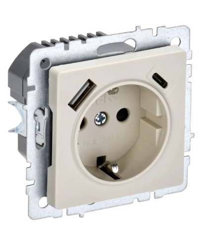 Розетка с з/к с USB A+C 18Вт РЮш11-1-БрКр бежевый BRITE (BR-R14-16-U22-018-K10). Розетка с заземлением с защитными шторками, 18Вт. IEK в Челябинске