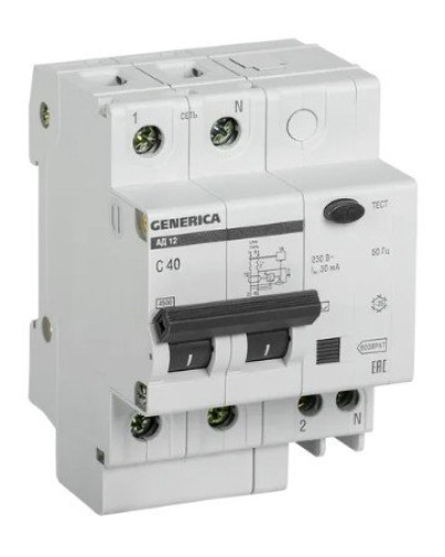 GENERICA АД12 2Р 40А 30мА (MAD15-2-040-C-030). Автоматический выключатель дифференциального тока. IEK в Челябинске